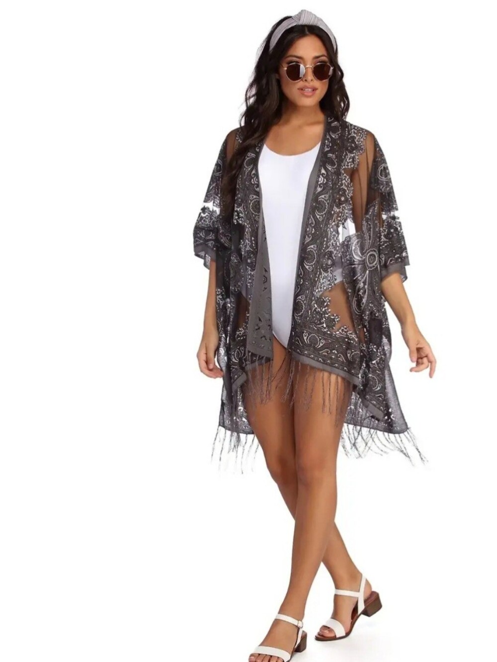Windsor Sheer Paisley Fringe Kimono Cover-Up - Black